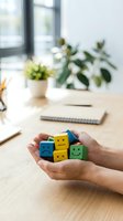 Hands holding colorful wooden blocks with emoji faces in modern office workspace for customer feedback and satisfaction rating concepts.