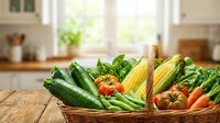 Fresh vegetables including cucumbers, corn, tomatoes and leafy greens arranged in wicker basket on wooden table with bright kitchen window in background.