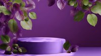 Purple round product display podium with green leaves and floral decoration on violet background, elegant minimalist presentation platform for cosmetics or luxury items.