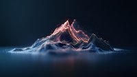 Glowing mountain peak with neon pink and blue light effects reflecting on dark water surface, creating dramatic futuristic landscape atmosphere.