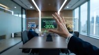 Businessman hand touching holographic display showing carbon footprint reduction and sustainability metrics in modern office conference room with city skyline view.