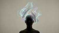 Silhouette of person with abstract glowing light waves and smoke flowing from head, representing creativity, imagination, and mental energy for design projects.