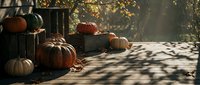 Autumn harvest pumpkins arranged on wooden crates in golden sunlight with dappled shadows, seasonal fall decoration display for thanksgiving celebration.