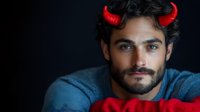 Young bearded man with glowing red devil horns on dark background wearing blue sweater, dramatic lighting creates mysterious Halloween atmosphere.