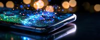Modern smartphone screen with glowing blue magical sparkles and bokeh lights floating above display surface in dark environment with reflection.