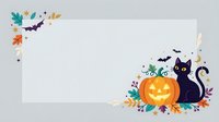 Spooky Halloween banner with black cat, jack-o-lantern pumpkin, autumn leaves, and festive decorations on isolated white background for seasonal designs.
