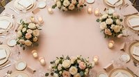 Elegant wedding reception table setting with blush pink linens, cream roses, gold charger plates and glowing candles for romantic celebration decor.