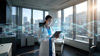 Asian female doctor in white coat using digital tablet in modern hospital office with city skyline view and holographic medical data visualization overlay.