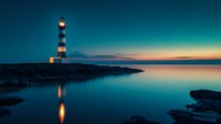 Illuminated striped lighthouse on rocky shore at dusk, glowing beacon reflecting in calm turquoise water against dramatic orange and teal twilight sky.