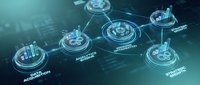 Holographic digital network nodes with glowing circuit patterns connected by data streams, representing cloud computing, artificial intelligence, and interconnected technology infrastructure for business solutions.