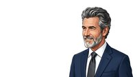 Mature male professional with salt-and-pepper hair and beard wearing navy blazer and tie, isolated on white background for corporate, business, and portrait design applications.