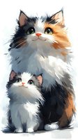 Artistic portrait of fluffy calico cats, mother and kitten, with expressive green eyes and soft fur rendered in gentle brushstrokes on white background.
