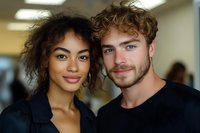 Young diverse couple smiling together in modern office environment. Mixed race woman and caucasian man portrait for business teamwork and workplace diversity.