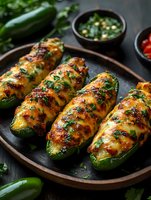 Grilled jalapeno peppers stuffed with melted cheese and topped with fresh herbs, served on rustic wooden plate with garnish and dipping sauce.