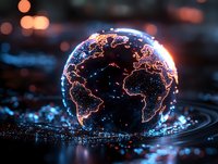 Glowing digital Earth globe with illuminated continent outlines floating over reflective surface against dark background with bokeh lights and network connections.