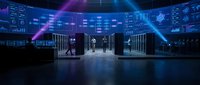Futuristic data center with server racks and holographic displays showing analytics dashboards. Modern technology infrastructure for cloud computing.