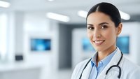 Professional female doctor with stethoscope smiling confidently in modern hospital setting for healthcare and medical industry presentations.
