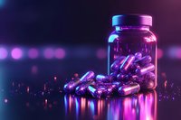 Glowing purple medical capsules in glass jar on reflective surface with neon lighting and bokeh effects in dark background, pharmaceutical concept.