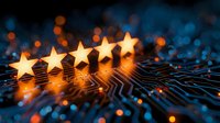 Five golden stars glowing on dark textured surface with warm bokeh lights creating premium quality rating and excellence concept for business reviews.