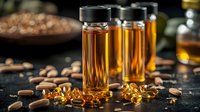 Glass bottles with golden omega-3 fish oil capsules and vitamin supplements scattered on dark background with natural ingredients and nuts for healthy diet.