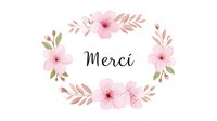 Delicate pink watercolor floral wreath with French word Merci in black calligraphy script, surrounded by soft cherry blossoms and botanical leaves on white background.