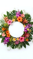 Tropical flower wreath with hibiscus, plumeria and palm leaves surrounding white circle frame on clean background for summer design projects.
