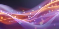 Abstract flowing waves in purple and orange with glowing light particles creating dynamic motion effect for technology or energy concepts.