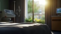 Sunlight streaming through window blinds creates dramatic shadows and light patterns on unmade bed in cozy bedroom interior during morning hours.