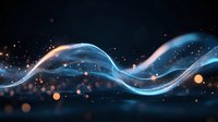 Glowing blue wave with golden particles flowing across dark background, suitable for technology, science, and digital design projects.