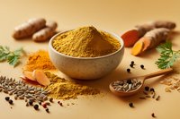 Ground turmeric powder in ceramic bowl with fresh roots, spices and herbs on yellow background, natural anti-inflammatory ingredient for cooking and wellness.