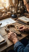 Senior craftsman hands assembling wooden puzzle pieces in vintage workshop with oil lamps and sketches. Traditional woodworking and problem solving concept.