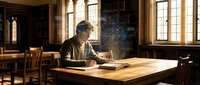 Middle-aged Caucasian male professor studying in historic university library with wooden furniture and large windows creating warm natural lighting atmosphere.