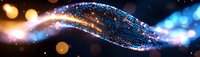 Glowing digital wave with blue and gold particles flowing through space against dark background, creating futuristic technology visualization effect.