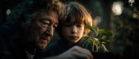 Elderly grandfather with gray beard reading book to young blonde grandson outdoors in warm golden light creating intimate family bonding moment together.