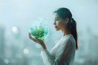 Young Asian woman in white holding glowing sphere with sustainable green city inside, representing environmental protection and smart urban future development.