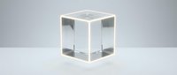 Transparent glass cube with illuminated edges on white surface, isolated for design, packaging, technology, and branding applications.