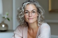 Confident mature woman with silver curly hair and stylish glasses smiling warmly at camera, wearing soft pink sweater in bright modern home interior.