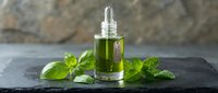 Green herbal essential oil in glass dropper bottle with fresh mint leaves on dark slate surface for natural skincare and aromatherapy treatments.