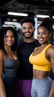 Three happy young African American fitness enthusiasts smiling together at modern gym. Athletic friends in workout clothes after training session.