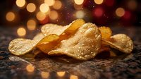 Golden crispy potato chips with salt crystals scattered on dark wooden surface with warm bokeh lights creating festive atmosphere for snack advertising.