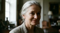 Senior Caucasian woman with gray hair smiling warmly in cozy indoor setting. Mature female portrait showing confidence and wisdom for lifestyle content.