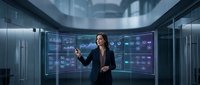 Professional businesswoman presenting data analytics on futuristic holographic display in modern control room for corporate technology presentations.
