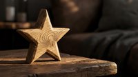 Wooden star decoration with natural grain pattern on rustic table surface creating warm cozy atmosphere for home decor and crafting projects.