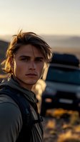 Young Caucasian male with windswept hair in outdoor adventure gear gazes into golden sunset light. Moody atmospheric portrait with car silhouette in background captures wanderlust spirit.