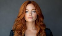 Young woman with long wavy red hair and blue eyes looking at camera with confident expression against dark background. Natural makeup and professional studio lighting.