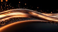 Glowing golden light waves with sparkling particles flow on dark background creating dynamic motion effect for abstract designs and presentations.