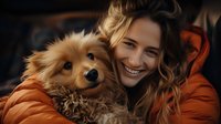 Young Caucasian woman with wavy brown hair wearing orange winter jacket embraces fluffy Pomeranian dog, both sharing genuine happy smiles in warm autumn lighting.