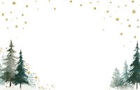 Watercolor winter forest scene with evergreen pine trees and golden stars scattered across white background for holiday greeting cards.