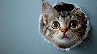 Curious tabby kitten with amber eyes peeping through circular hole in blue-gray wall, creating playful peek-a-boo effect.