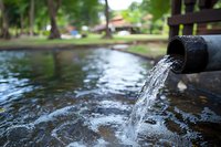 Water flowing from black pipe into pond creates peaceful ripple effect, close-up view with blurred natural background showing trees and landscape.